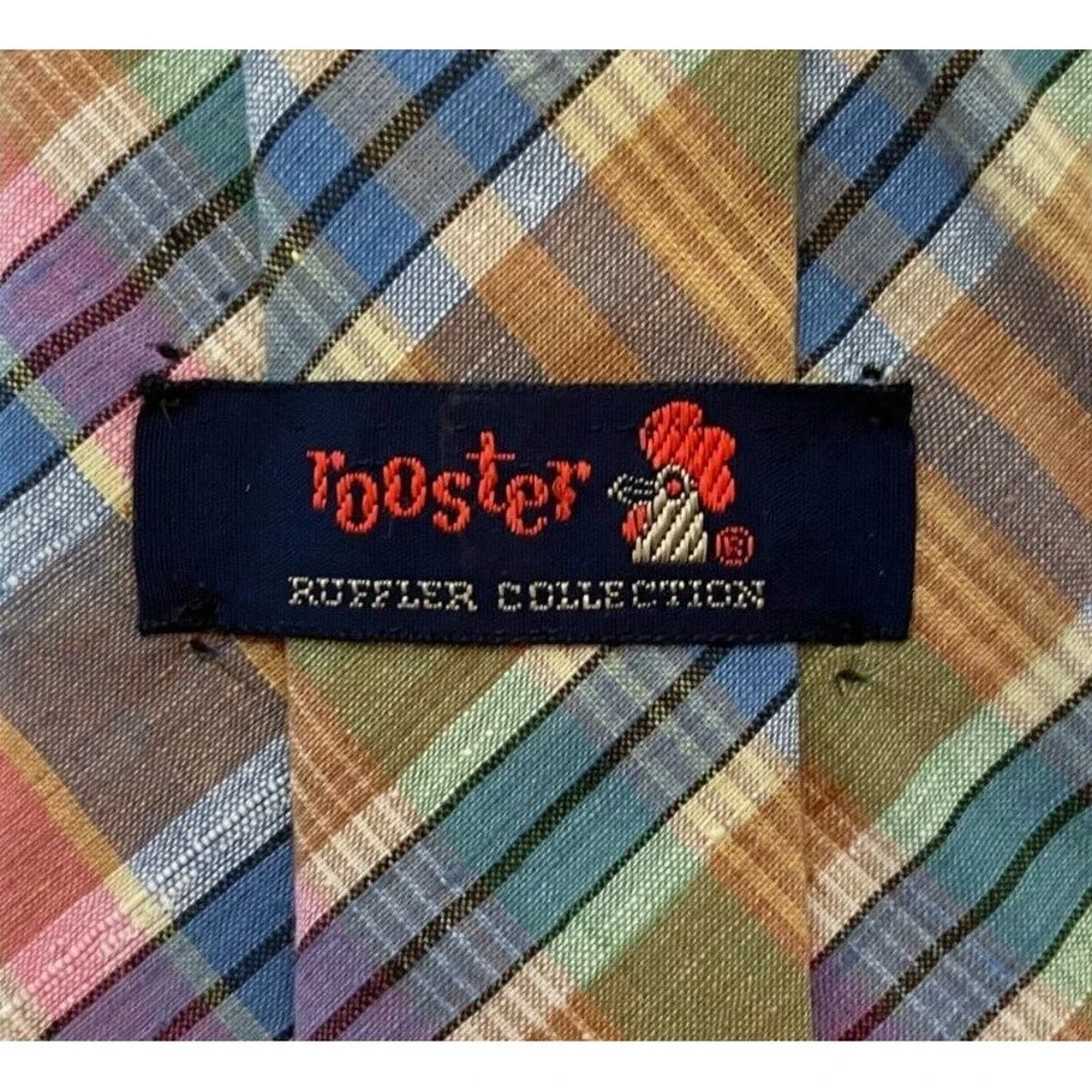 Rooster Ruffler Collection Men's Classic Hand Woven Neck Tie Multi Plaid Cotton